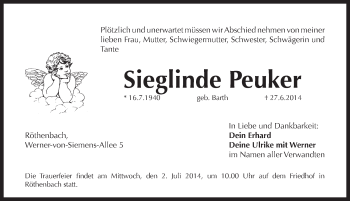 Traueranzeige von Sieglinde Peuker von Pegnitz-Zeitung